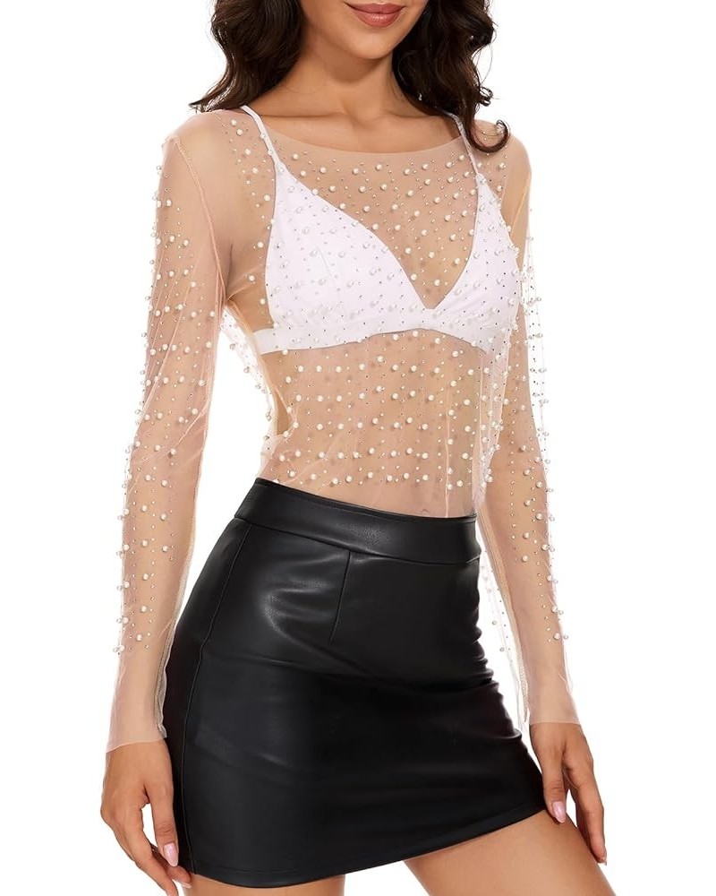 Women Pearl Top Long Sleeve Mesh Top Sheer Pearl Overlay Top Rhinestone Beaded Shirts Top See Through Blouse Top Nude $13.27 ...