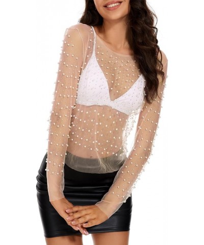 Women Pearl Top Long Sleeve Mesh Top Sheer Pearl Overlay Top Rhinestone Beaded Shirts Top See Through Blouse Top Nude $13.27 ...