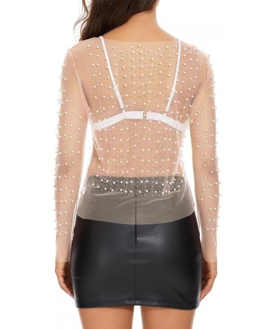 Women Pearl Top Long Sleeve Mesh Top Sheer Pearl Overlay Top Rhinestone Beaded Shirts Top See Through Blouse Top Nude $13.27 ...