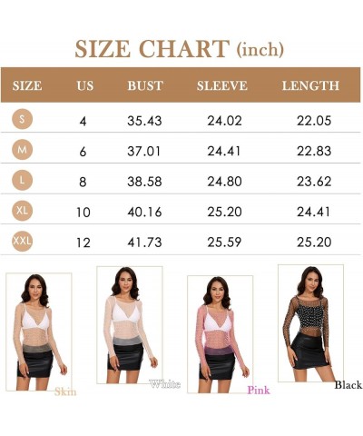 Women Pearl Top Long Sleeve Mesh Top Sheer Pearl Overlay Top Rhinestone Beaded Shirts Top See Through Blouse Top Nude $13.27 ...