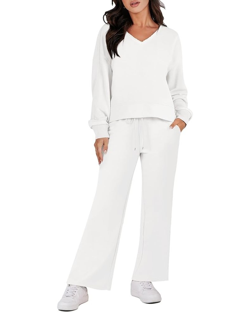 2 Piece Outfits Lounge Jogger Set 2023 Fall Fashion Matching Sets Crop Top and Wide Leg Pants Sweatsuits White $22.95 Activewear