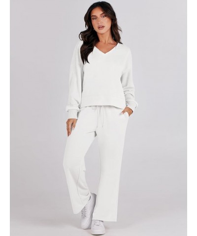 2 Piece Outfits Lounge Jogger Set 2023 Fall Fashion Matching Sets Crop Top and Wide Leg Pants Sweatsuits White $22.95 Activewear