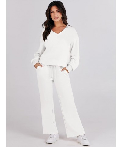 2 Piece Outfits Lounge Jogger Set 2023 Fall Fashion Matching Sets Crop Top and Wide Leg Pants Sweatsuits White $22.95 Activewear