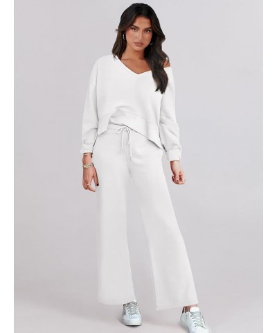 2 Piece Outfits Lounge Jogger Set 2023 Fall Fashion Matching Sets Crop Top and Wide Leg Pants Sweatsuits White $22.95 Activewear