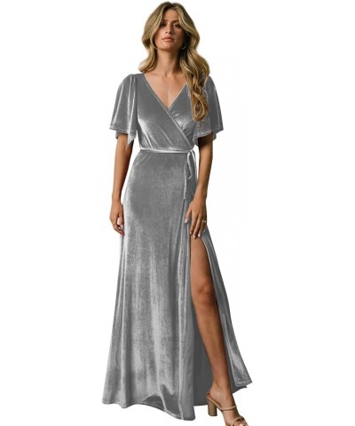 Women's Flutter Sleeve Velvet Bridesmaid Dresses with Slit for Wedding V Neck Wrap Formal Gown Evening Dress Silver $39.77 Dr...