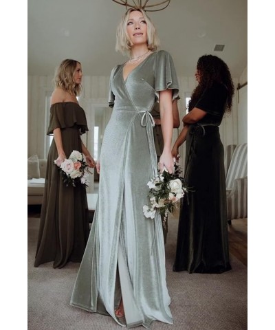 Women's Flutter Sleeve Velvet Bridesmaid Dresses with Slit for Wedding V Neck Wrap Formal Gown Evening Dress Silver $39.77 Dr...