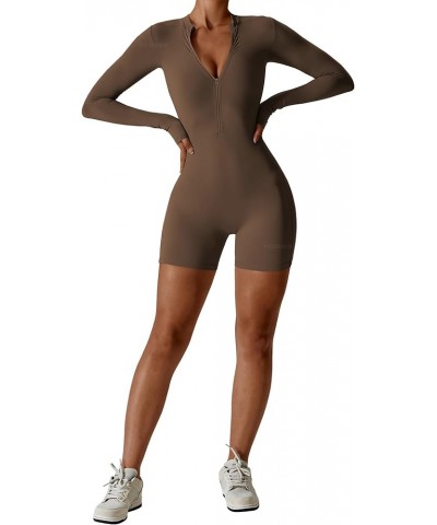 Women Workout Jumpsuit Zip Up Romper Bottom Pants Long Sleeve Bodysuit Bodycon Sexy One Piece Long Sleeve Shorts 2 Coffee $22...