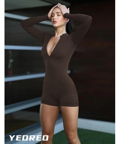 Women Workout Jumpsuit Zip Up Romper Bottom Pants Long Sleeve Bodysuit Bodycon Sexy One Piece Long Sleeve Shorts 2 Coffee $22...