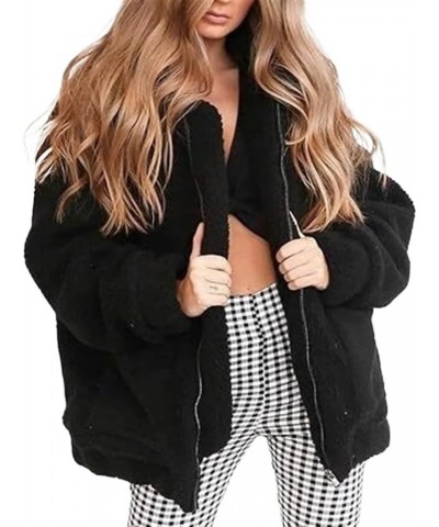 Women's Long Sleeve Lapel Fleece Coat, Oversized Outwear Jacket Tops, Zipper Shaggy Outwear Black $21.12 Coats