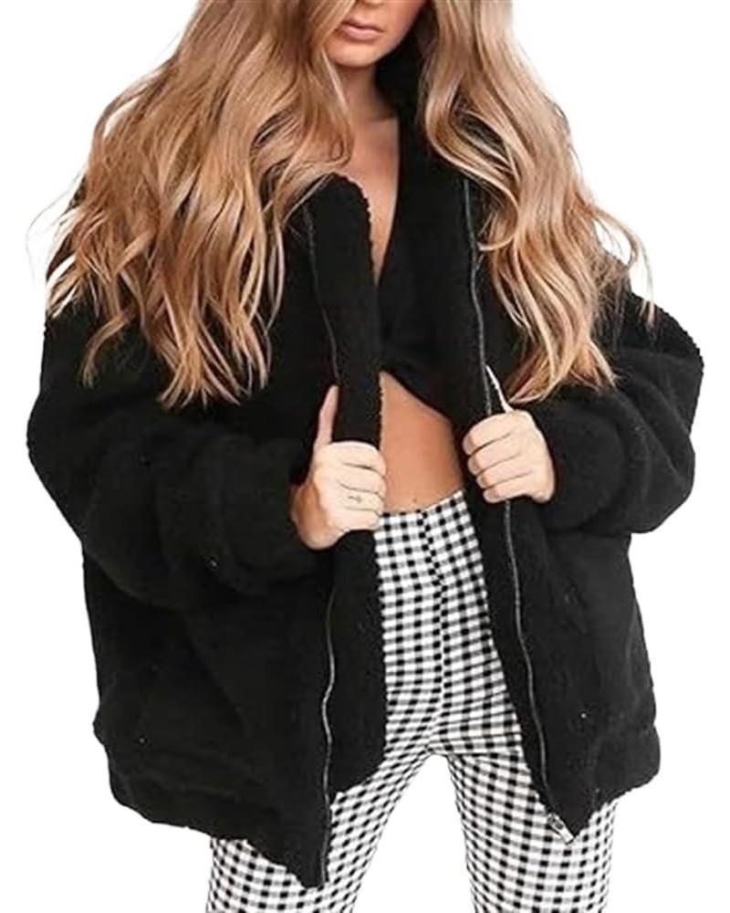 Women's Long Sleeve Lapel Fleece Coat, Oversized Outwear Jacket Tops, Zipper Shaggy Outwear Black $21.12 Coats