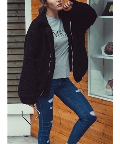 Women's Long Sleeve Lapel Fleece Coat, Oversized Outwear Jacket Tops, Zipper Shaggy Outwear Black $21.12 Coats