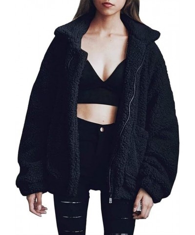 Women's Long Sleeve Lapel Fleece Coat, Oversized Outwear Jacket Tops, Zipper Shaggy Outwear Black $21.12 Coats