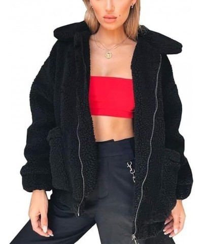 Women's Long Sleeve Lapel Fleece Coat, Oversized Outwear Jacket Tops, Zipper Shaggy Outwear Black $21.12 Coats