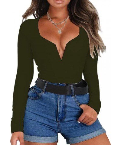 Deep V Long Sleeve Bodysuit for Women Sexy Low Cut Body Suits Tops Bodycon Shirt A-army Green $8.84 Bodysuits