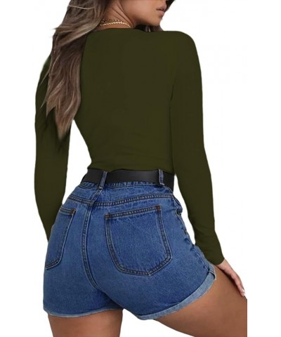 Deep V Long Sleeve Bodysuit for Women Sexy Low Cut Body Suits Tops Bodycon Shirt A-army Green $8.84 Bodysuits