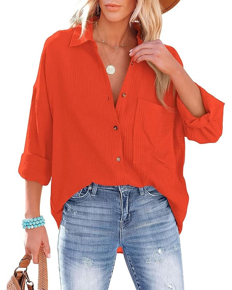 Oversized Button Down Long Sleeve Shirts for Women Solid Color Casual Boyfriend Shirt Boluse Tops Orange $13.24 Blouses