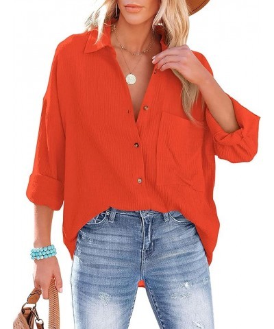 Oversized Button Down Long Sleeve Shirts for Women Solid Color Casual Boyfriend Shirt Boluse Tops Orange $13.24 Blouses