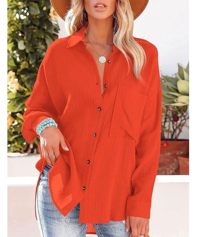 Oversized Button Down Long Sleeve Shirts for Women Solid Color Casual Boyfriend Shirt Boluse Tops Orange $13.24 Blouses