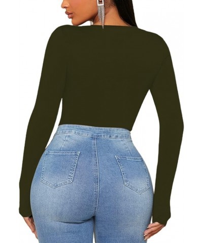 Deep V Long Sleeve Bodysuit for Women Sexy Low Cut Body Suits Tops Bodycon Shirt A-army Green $8.84 Bodysuits