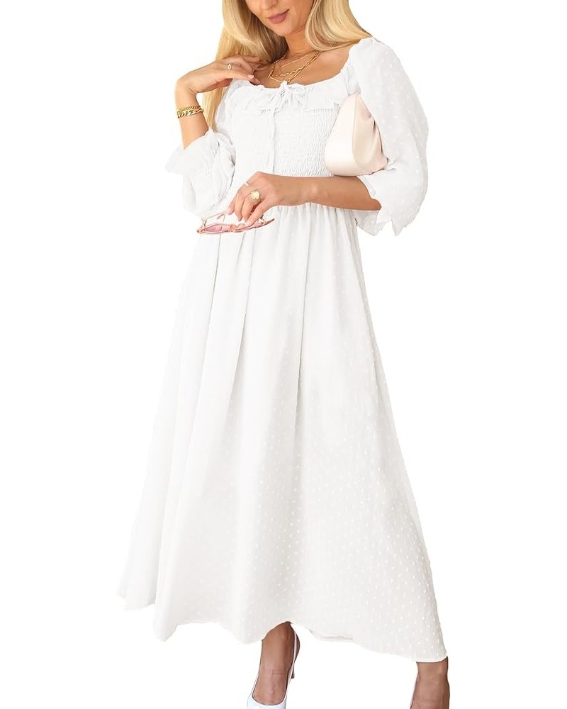 Long Sleeve Swiss Dot Lined Maxi Dress for Women Smocked Tied Detail Square Neck White $24.00 Dresses