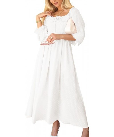 Long Sleeve Swiss Dot Lined Maxi Dress for Women Smocked Tied Detail Square Neck White $24.00 Dresses