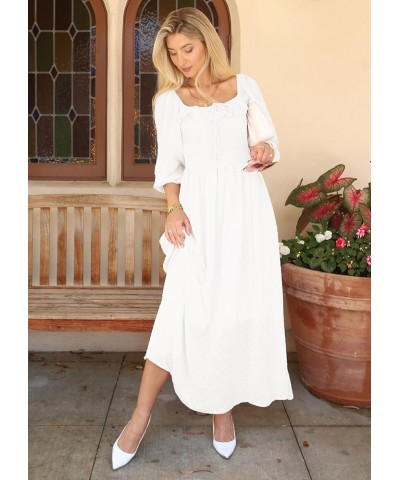 Long Sleeve Swiss Dot Lined Maxi Dress for Women Smocked Tied Detail Square Neck White $24.00 Dresses