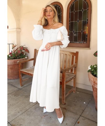 Long Sleeve Swiss Dot Lined Maxi Dress for Women Smocked Tied Detail Square Neck White $24.00 Dresses