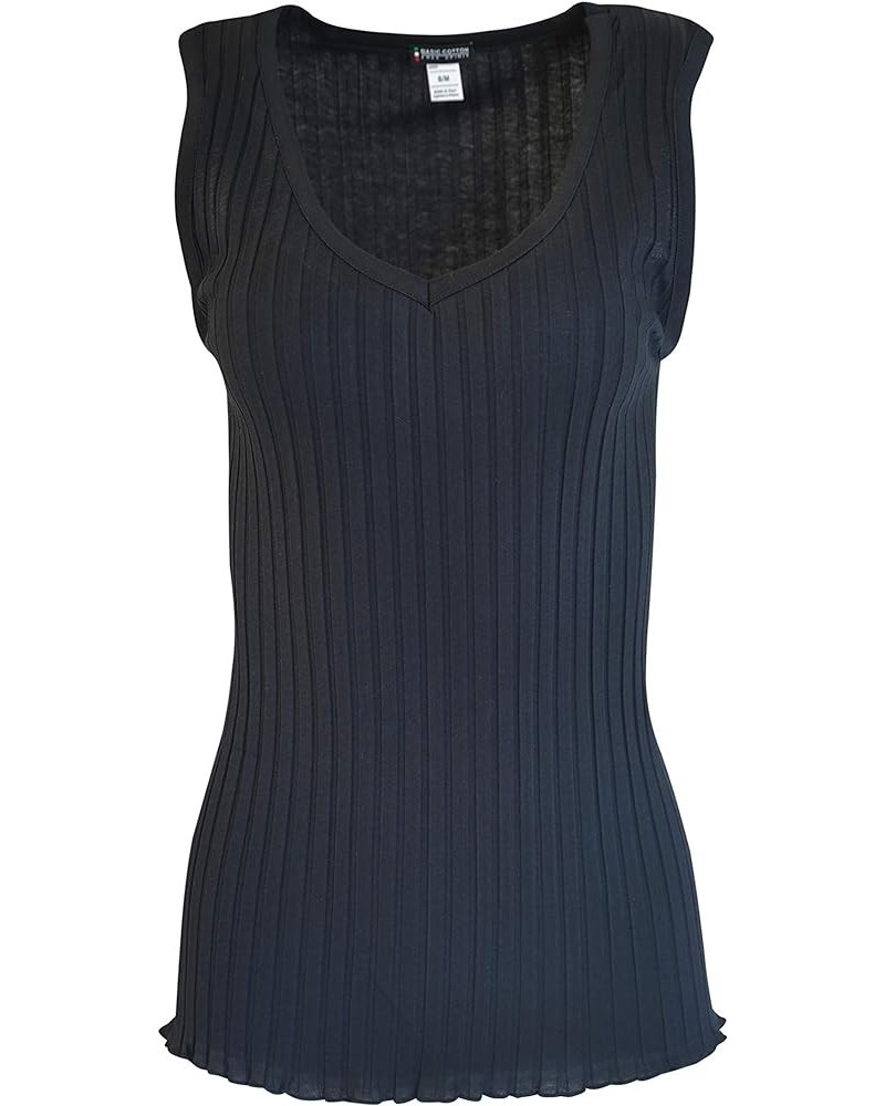 Premium Quality 100% Cotton Ribbed Women's Lace Trim Tank Top. Proudly Made in Italy. Nero / V-neck $17.84 Tanks