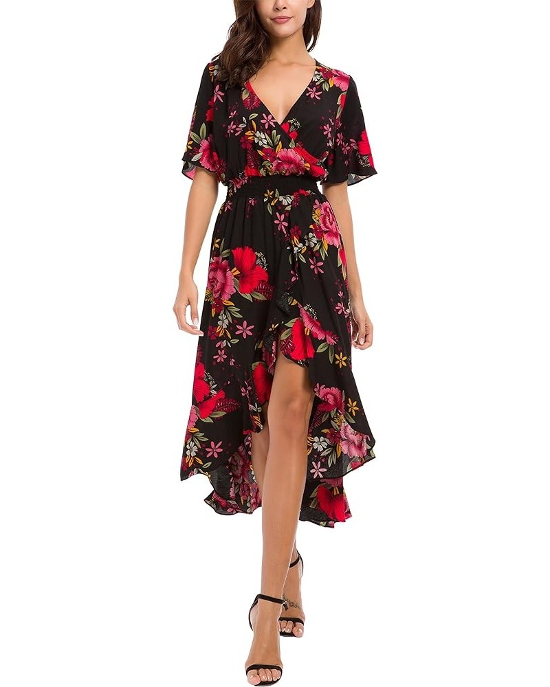 Womens Short Sleeve Floral High Low V-Neck Flowy Party Long Maxi Dress Black/Red $18.48 Dresses