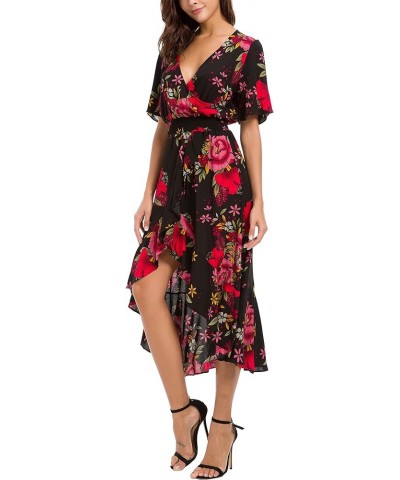 Womens Short Sleeve Floral High Low V-Neck Flowy Party Long Maxi Dress Black/Red $18.48 Dresses