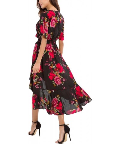 Womens Short Sleeve Floral High Low V-Neck Flowy Party Long Maxi Dress Black/Red $18.48 Dresses