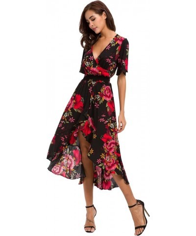 Womens Short Sleeve Floral High Low V-Neck Flowy Party Long Maxi Dress Black/Red $18.48 Dresses