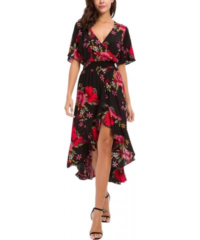 Womens Short Sleeve Floral High Low V-Neck Flowy Party Long Maxi Dress Black/Red $18.48 Dresses