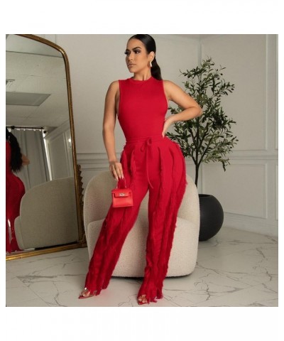 Women 2 Piece Outfits Jumpsuit - Long Sleeve Crewneck Sweatshirt Fringe High Waisted Pants Sweatsuit Set Sleeveless Red $25.9...