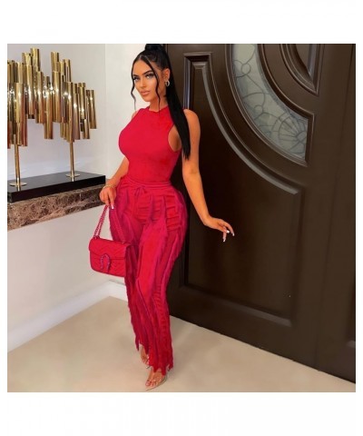 Women 2 Piece Outfits Jumpsuit - Long Sleeve Crewneck Sweatshirt Fringe High Waisted Pants Sweatsuit Set Sleeveless Red $25.9...