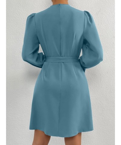 Women's Long Puff Sleeve Mock Neck Ruched Dress Tie Front Fitted Short Dresses Pale Blue $20.58 Dresses