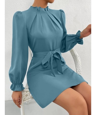 Women's Long Puff Sleeve Mock Neck Ruched Dress Tie Front Fitted Short Dresses Pale Blue $20.58 Dresses