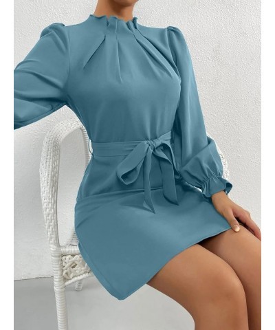 Women's Long Puff Sleeve Mock Neck Ruched Dress Tie Front Fitted Short Dresses Pale Blue $20.58 Dresses