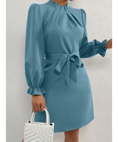 Women's Long Puff Sleeve Mock Neck Ruched Dress Tie Front Fitted Short Dresses Pale Blue $20.58 Dresses