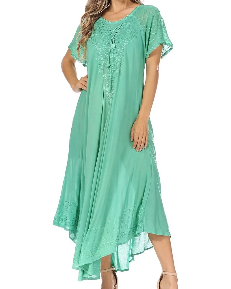 Egan Long Embroidered Caftan Dress/Cover Up with Embroidered Cap Sleeves P-emeraldgreen $18.54 Dresses