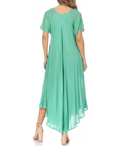 Egan Long Embroidered Caftan Dress/Cover Up with Embroidered Cap Sleeves P-emeraldgreen $18.54 Dresses