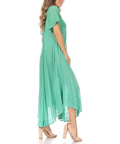 Egan Long Embroidered Caftan Dress/Cover Up with Embroidered Cap Sleeves P-emeraldgreen $18.54 Dresses