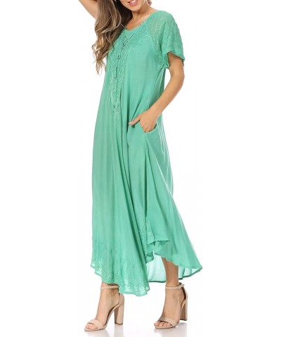 Egan Long Embroidered Caftan Dress/Cover Up with Embroidered Cap Sleeves P-emeraldgreen $18.54 Dresses