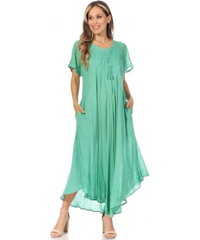 Egan Long Embroidered Caftan Dress/Cover Up with Embroidered Cap Sleeves P-emeraldgreen $18.54 Dresses