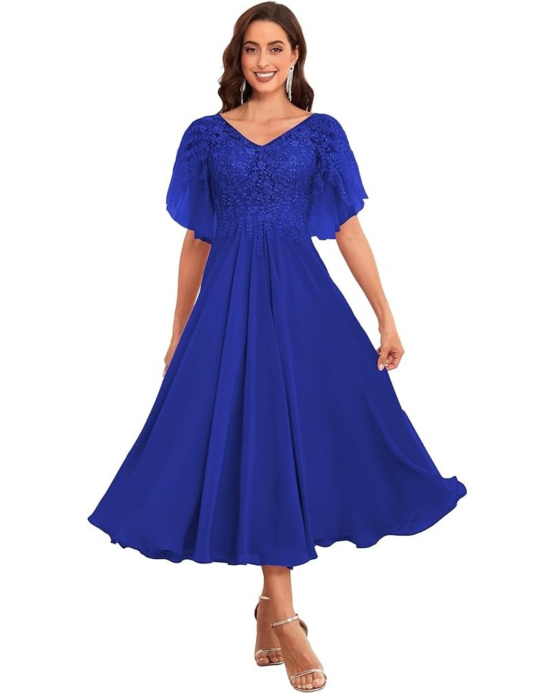 Women's Tea Length Mother of The Bride Dress for Wedding Lace Chiffon Formal Evening Gown Royal Blue $51.29 Dresses