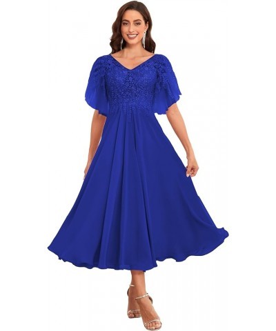 Women's Tea Length Mother of The Bride Dress for Wedding Lace Chiffon Formal Evening Gown Royal Blue $51.29 Dresses