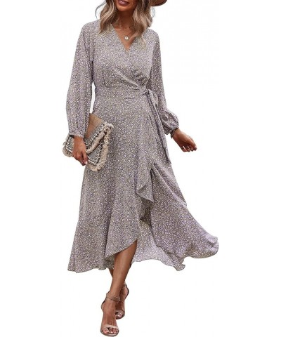 Women's Long Sleeve Vintage Flowy Dress Floral Print V-Neck Maxi Dresses with Belt Khaki $17.66 Dresses