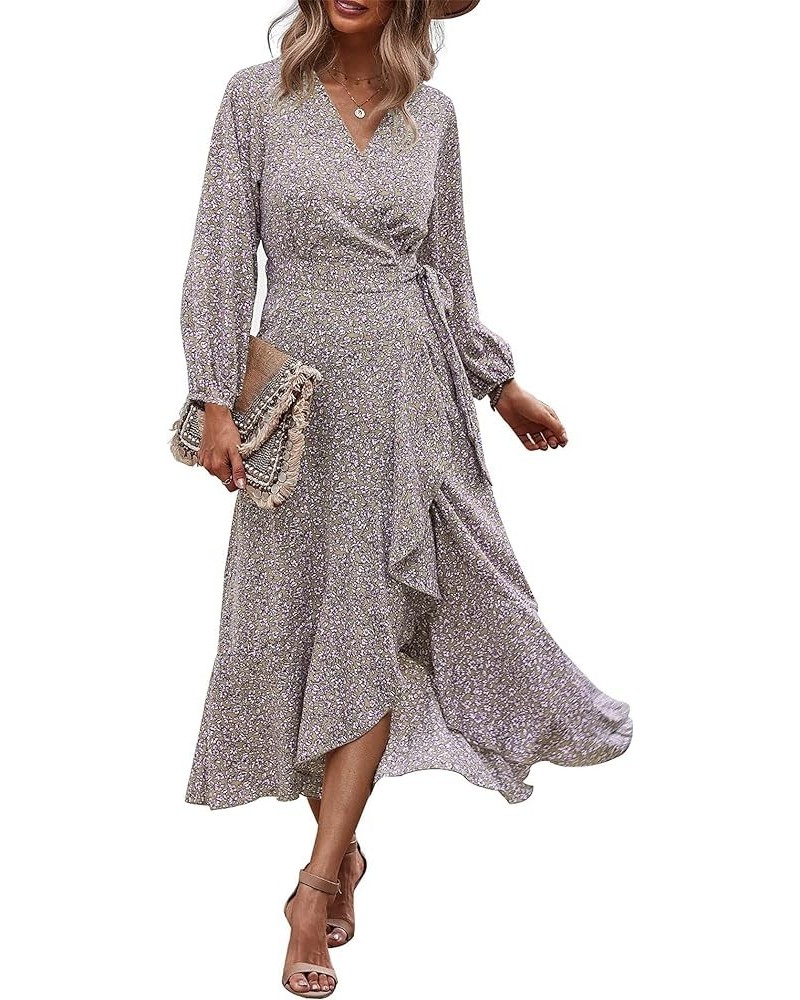 Women's Long Sleeve Vintage Flowy Dress Floral Print V-Neck Maxi Dresses with Belt Khaki $17.66 Dresses