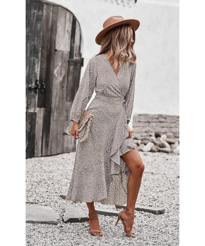 Women's Long Sleeve Vintage Flowy Dress Floral Print V-Neck Maxi Dresses with Belt Khaki $17.66 Dresses