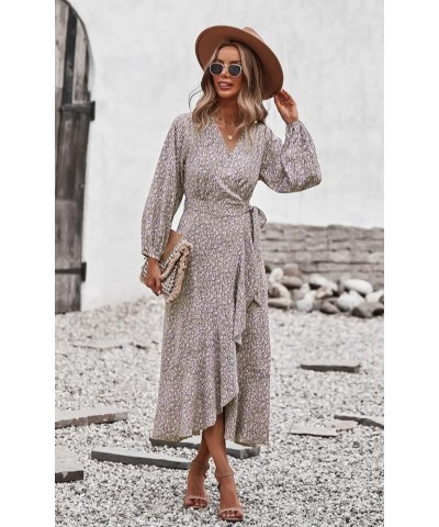 Women's Long Sleeve Vintage Flowy Dress Floral Print V-Neck Maxi Dresses with Belt Khaki $17.66 Dresses